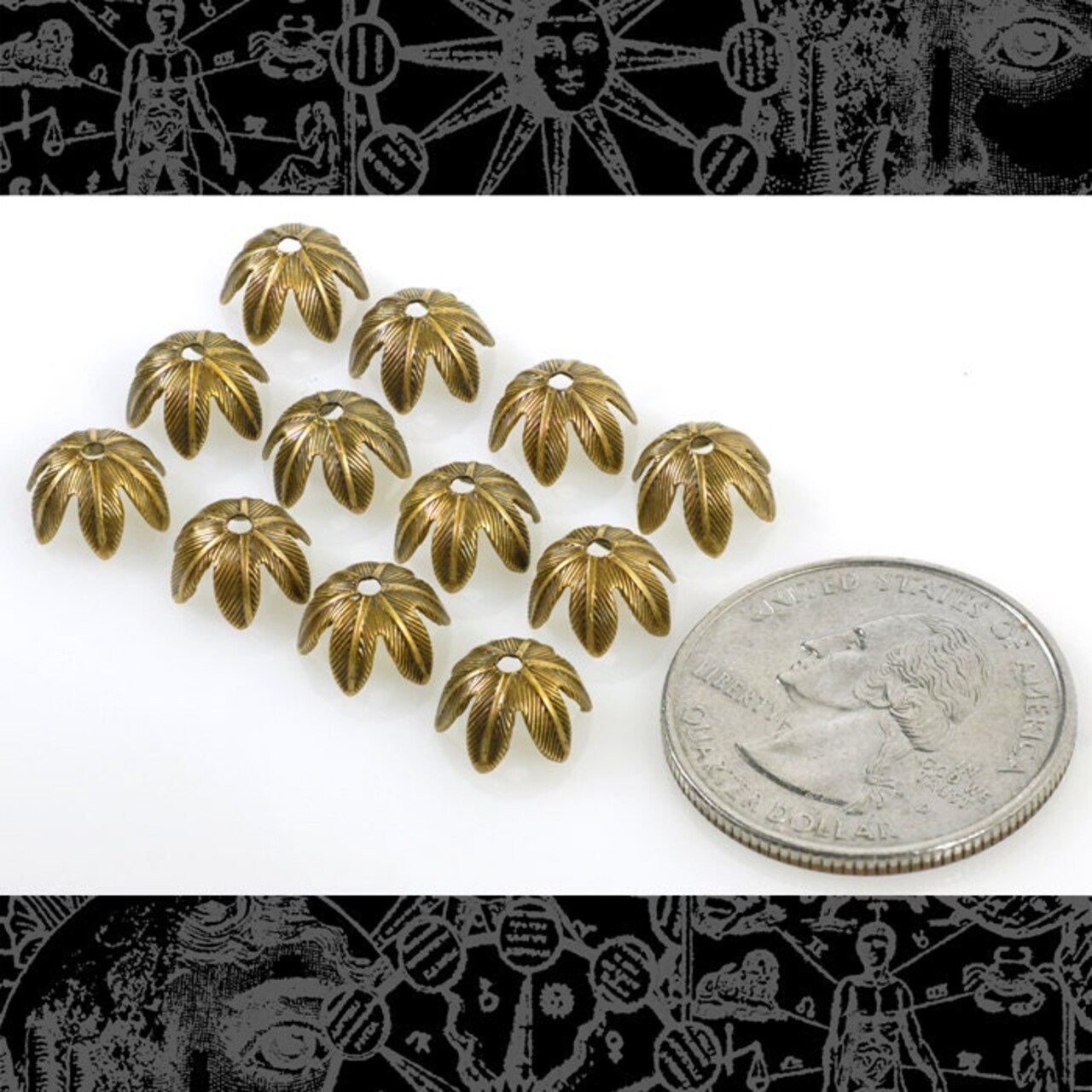 Antiqued Brass 8mm Floral Leafy Brass Bead Caps - Set of 12 - AB-BC12